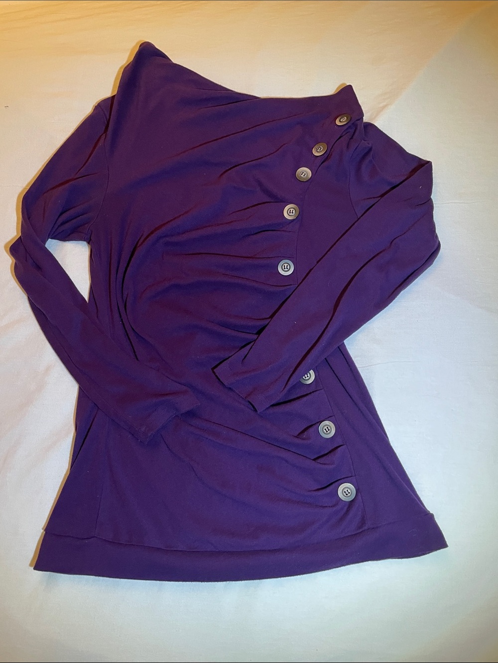 Purple Long Sleeve Cowl Neck Asymmetric Ruched Tunic Blouse Size Medium
